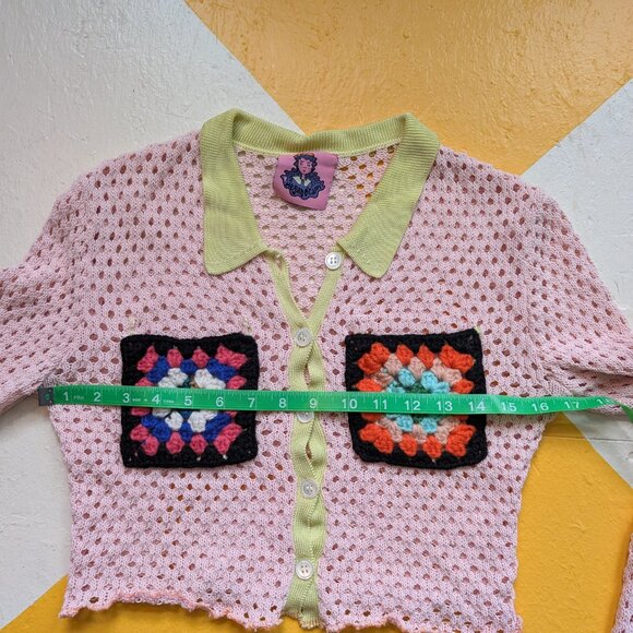 Upcycled Designer Long Sleeve Knit Granny Square Collared Crop Top Megan O'Cain - Picture 9 of 11
